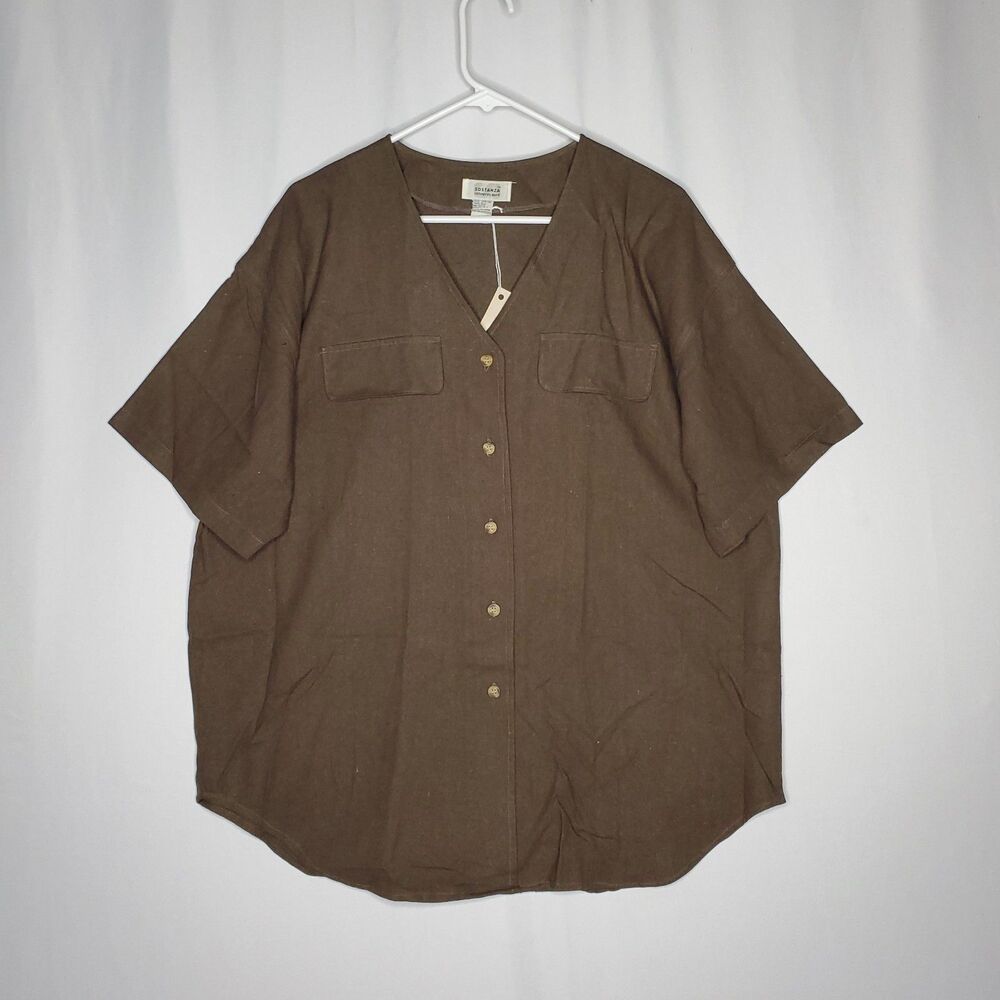 Sostanza Silk Button Top Women 20W Brown Woven Short‎ Sleeve Quiet Luxury Grunge